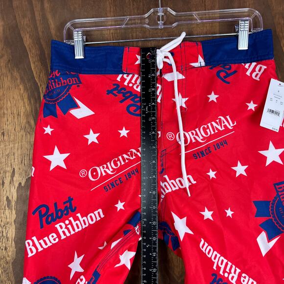 Pabst Blue Ribbon Mens Shorts Red White Blue Star Swim Surf Beach Trunks Small - Picture 9 of 14